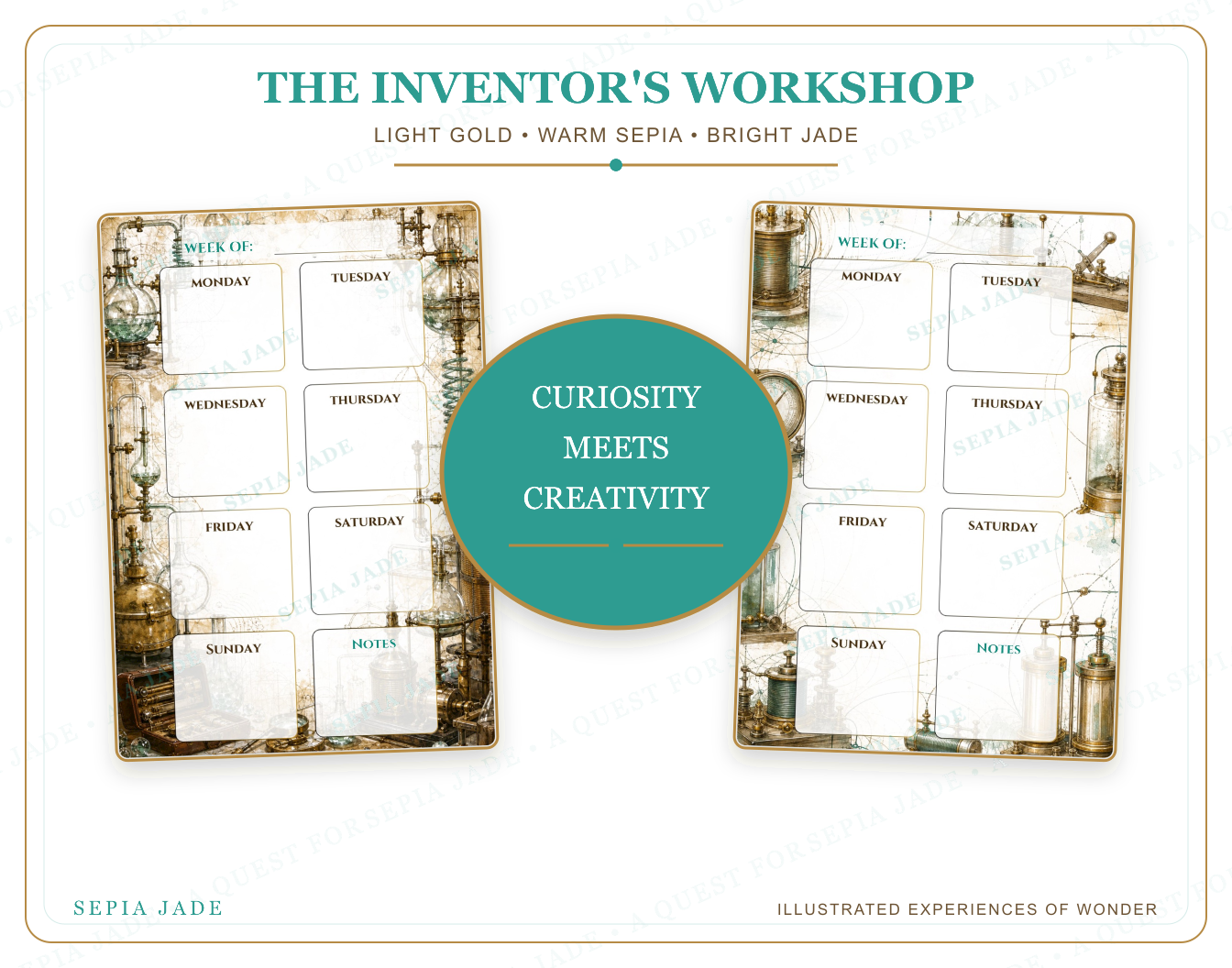 The artwork story for The Inventor's Workshop Digital Weekly Planner — 13 Designs