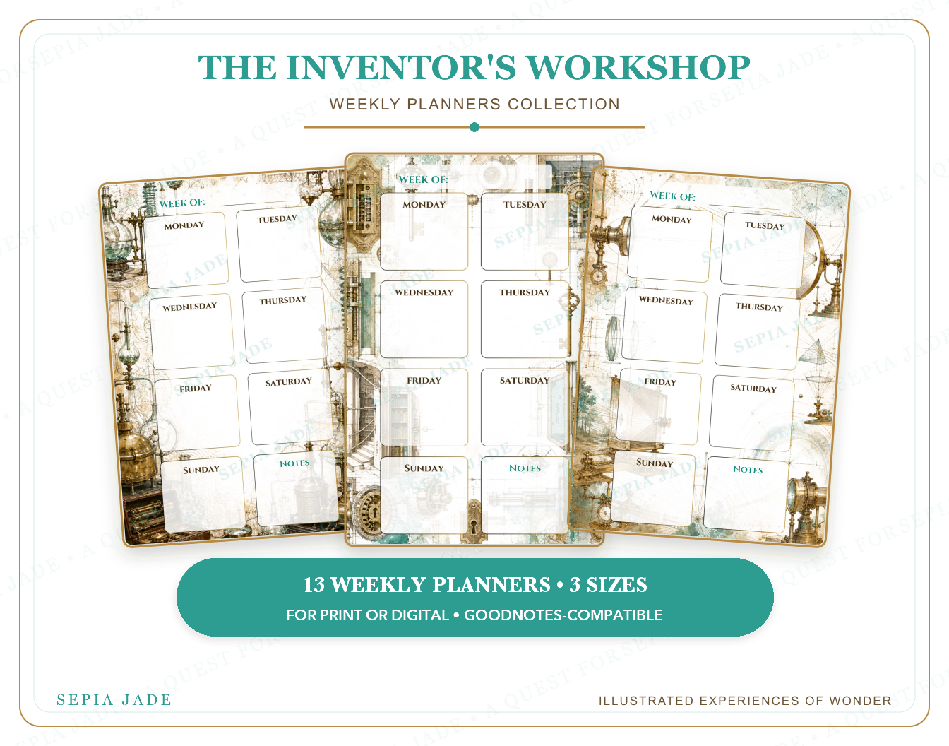 Instant digital download information for The Inventor's Workshop Digital Weekly Planner — 13 Designs