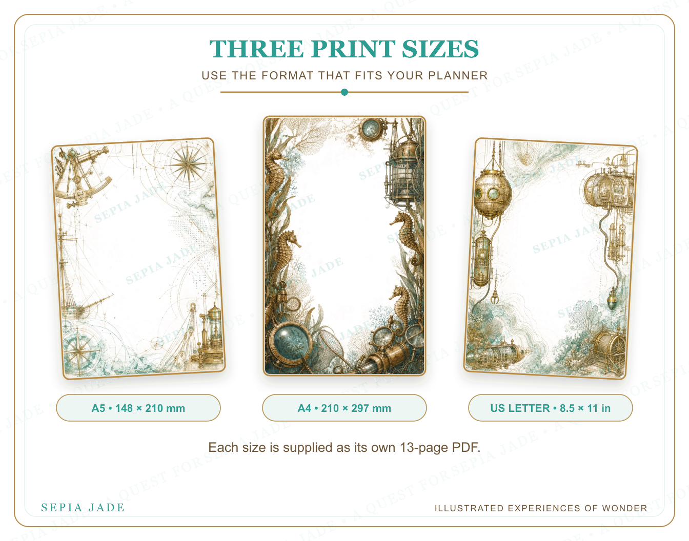 US Letter, A4, and A5 sizes supplied with Voyages Above and Below Digital Blank Backgrounds — 13 Designs