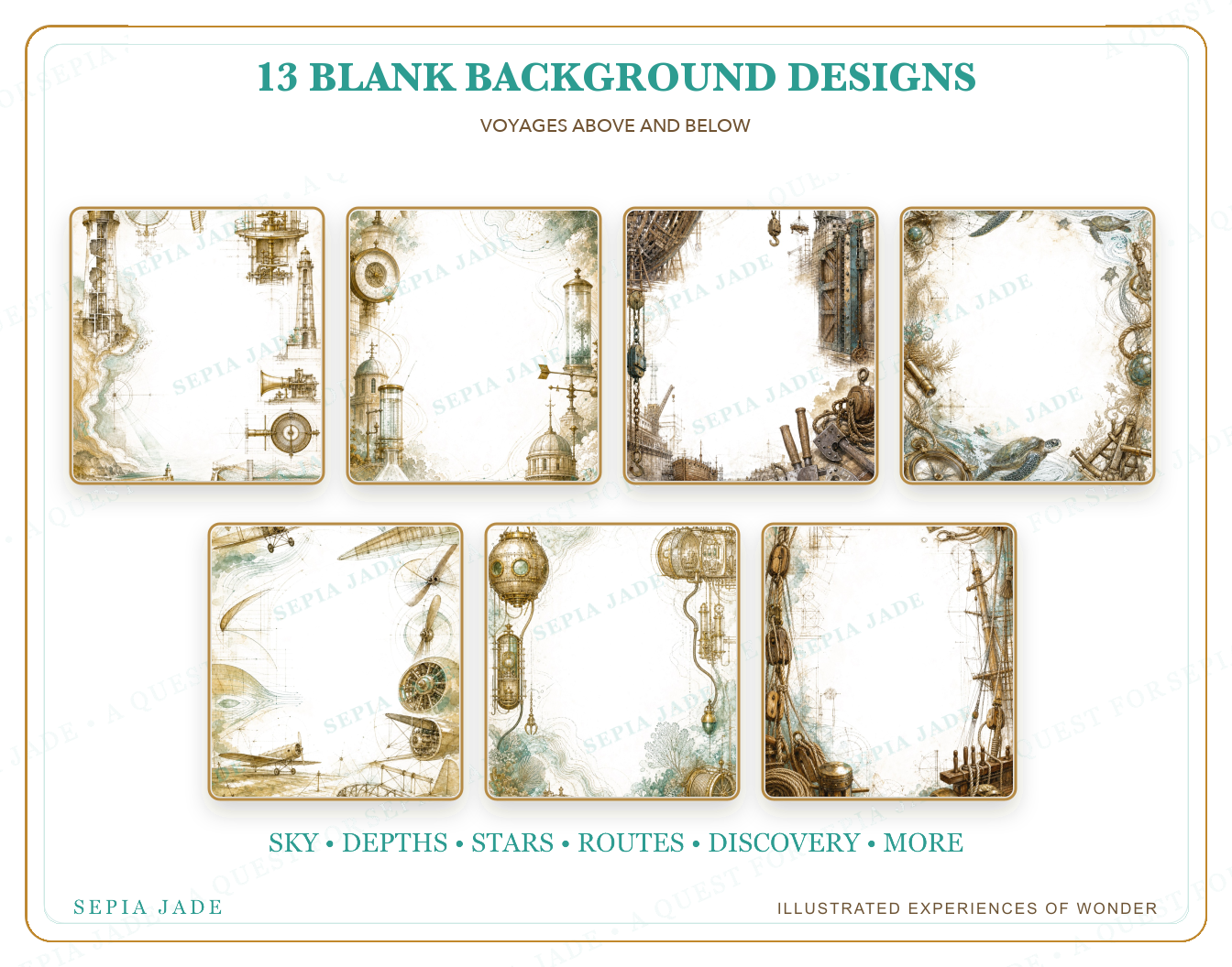 Thirteen coordinated designs included in Voyages Above and Below Digital Blank Backgrounds — 13 Designs