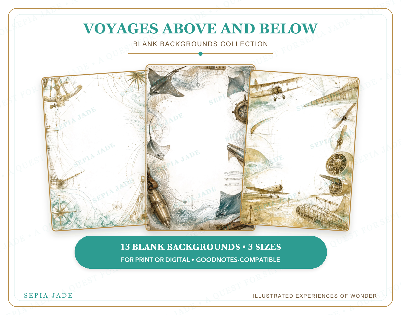 Instant digital download information for Voyages Above and Below Digital Blank Backgrounds — 13 Designs