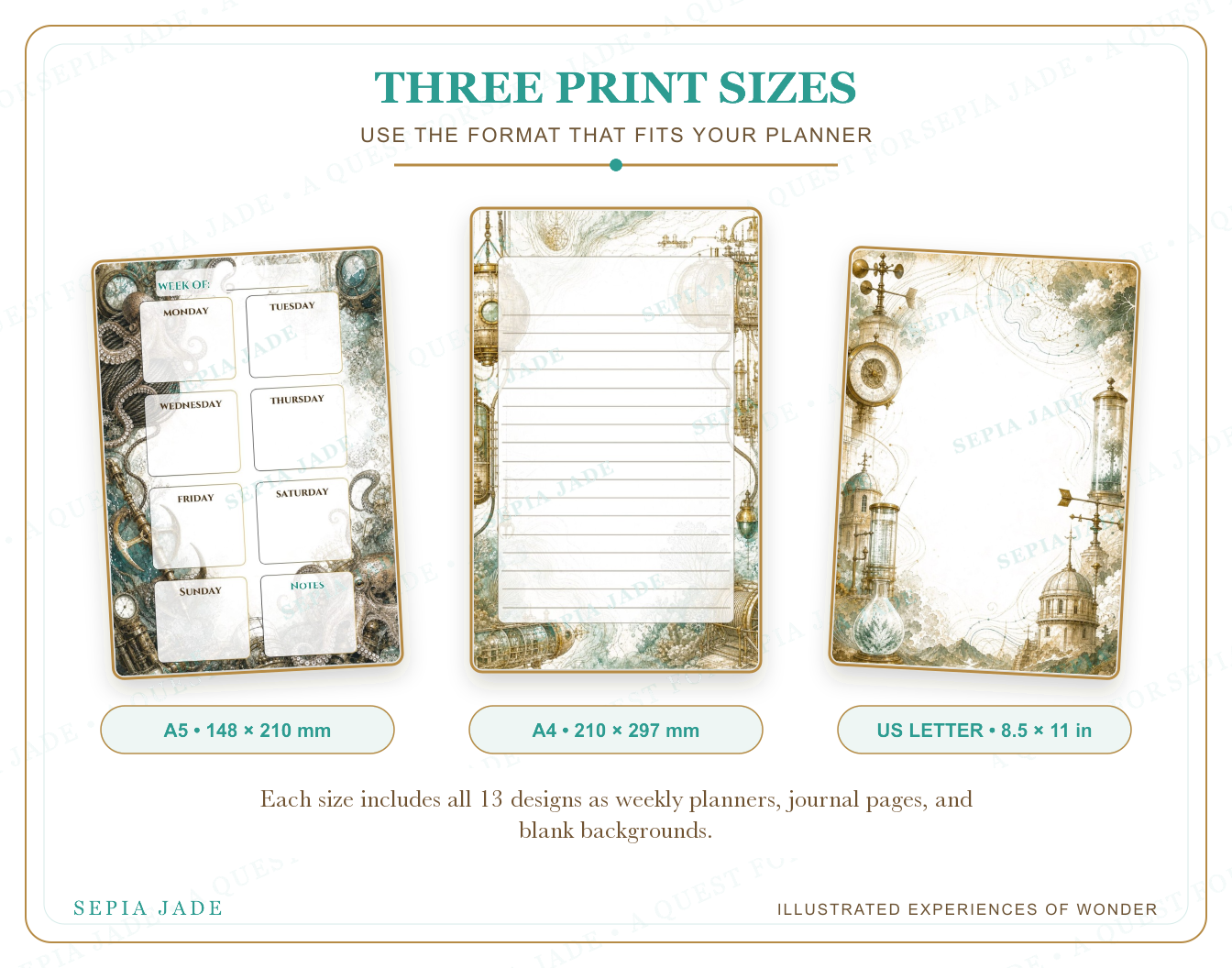 US Letter, A4, and A5 sizes supplied with Voyages Above and Below Digital Complete Suite — 13 Designs