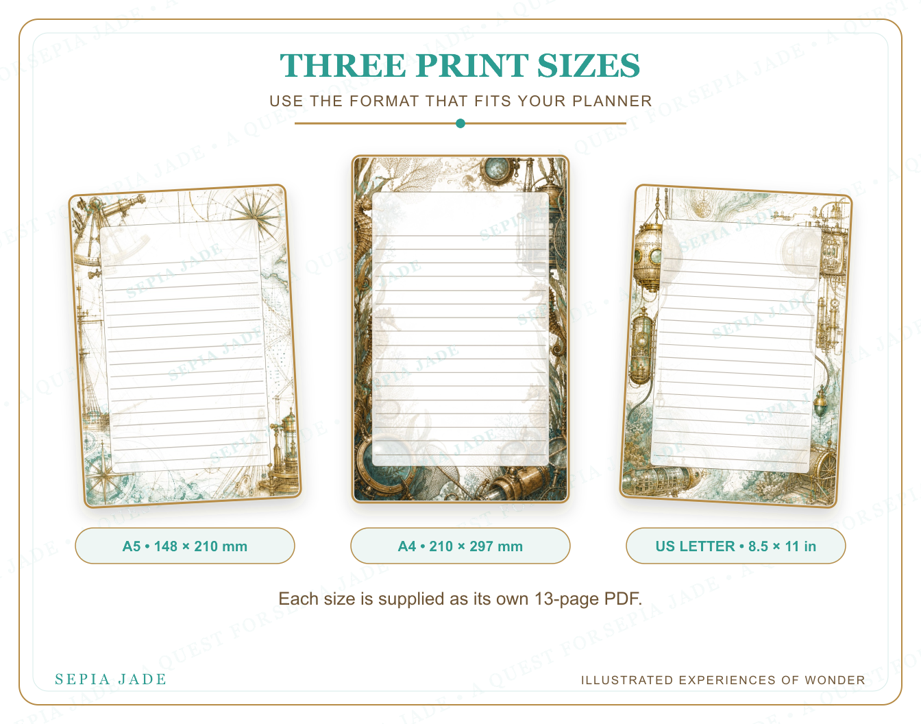 US Letter, A4, and A5 sizes supplied with Voyages Above and Below Digital Journal Pages — 13 Designs