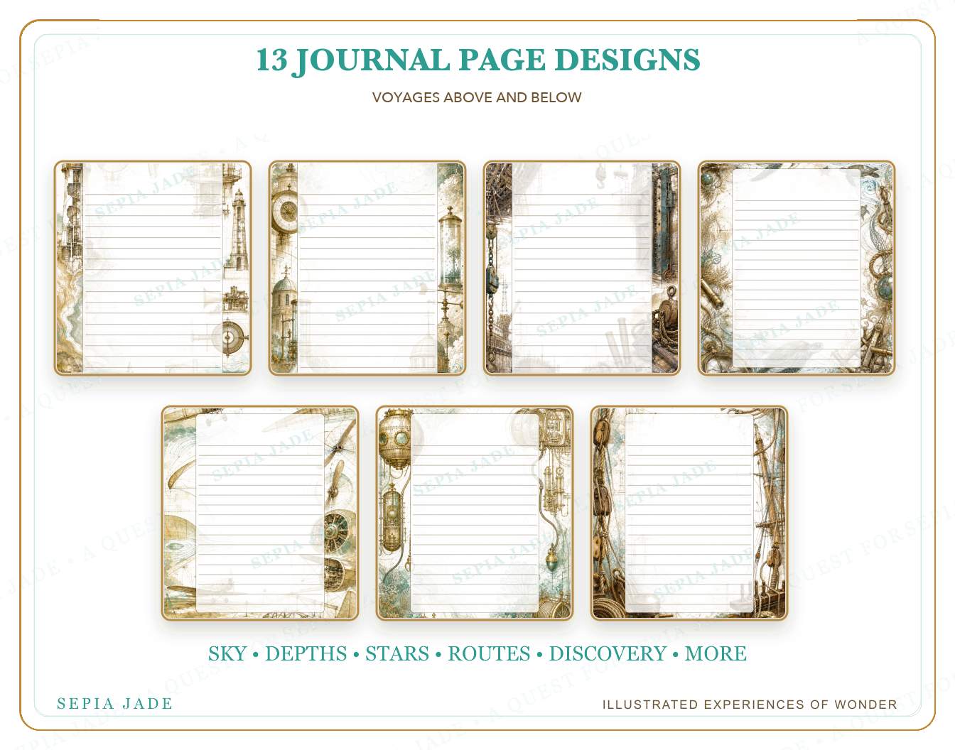 Thirteen coordinated designs included in Voyages Above and Below Digital Journal Pages — 13 Designs