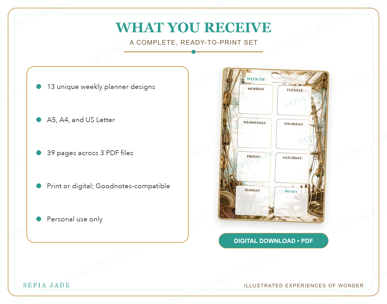 What is included in Voyages Above and Below Digital Weekly Planner — 13 Designs