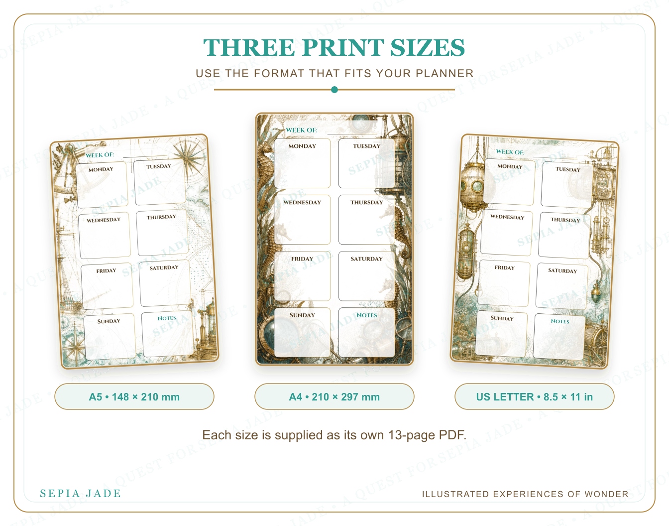 US Letter, A4, and A5 sizes supplied with Voyages Above and Below Digital Weekly Planner — 13 Designs