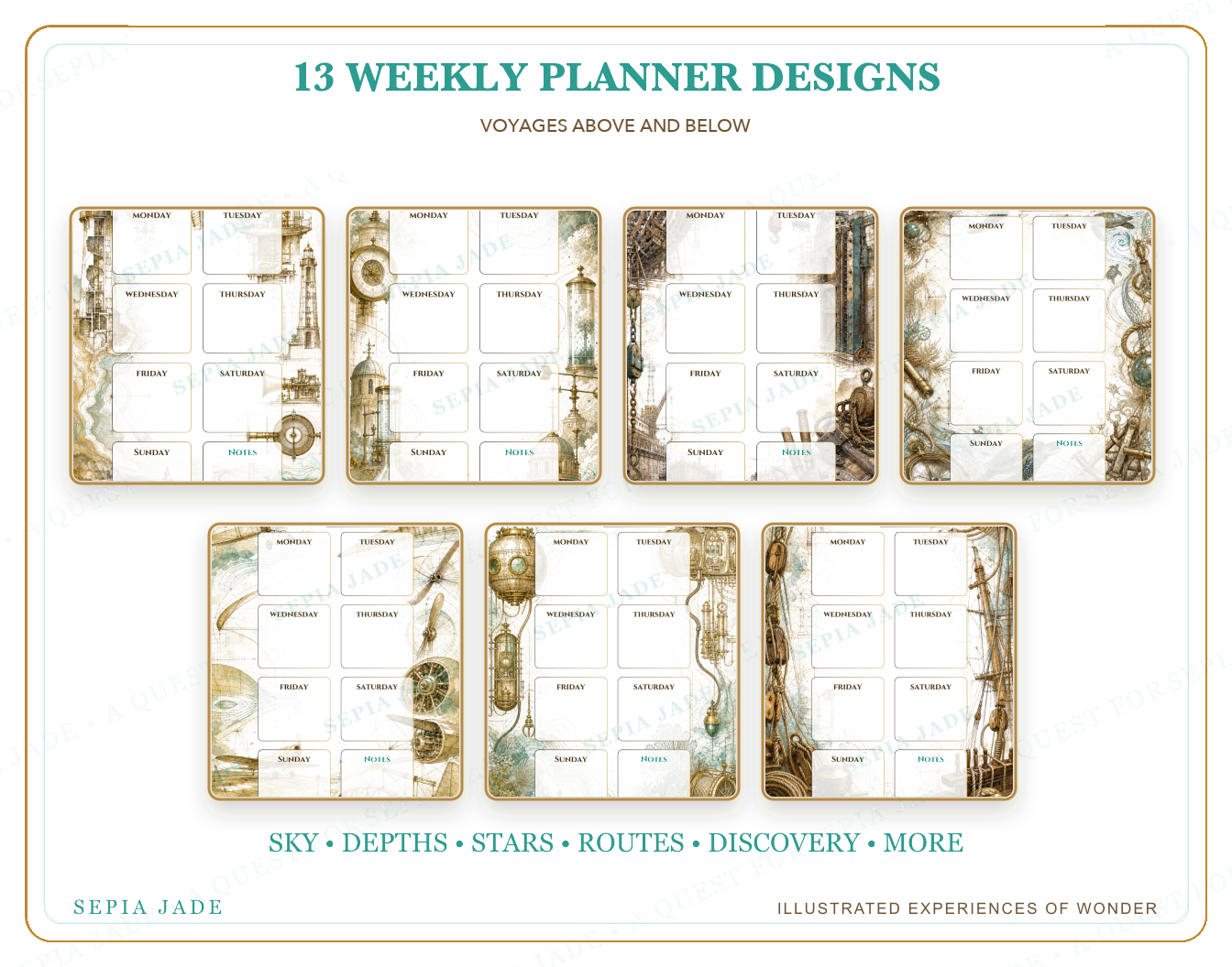 Thirteen coordinated designs included in Voyages Above and Below Digital Weekly Planner — 13 Designs