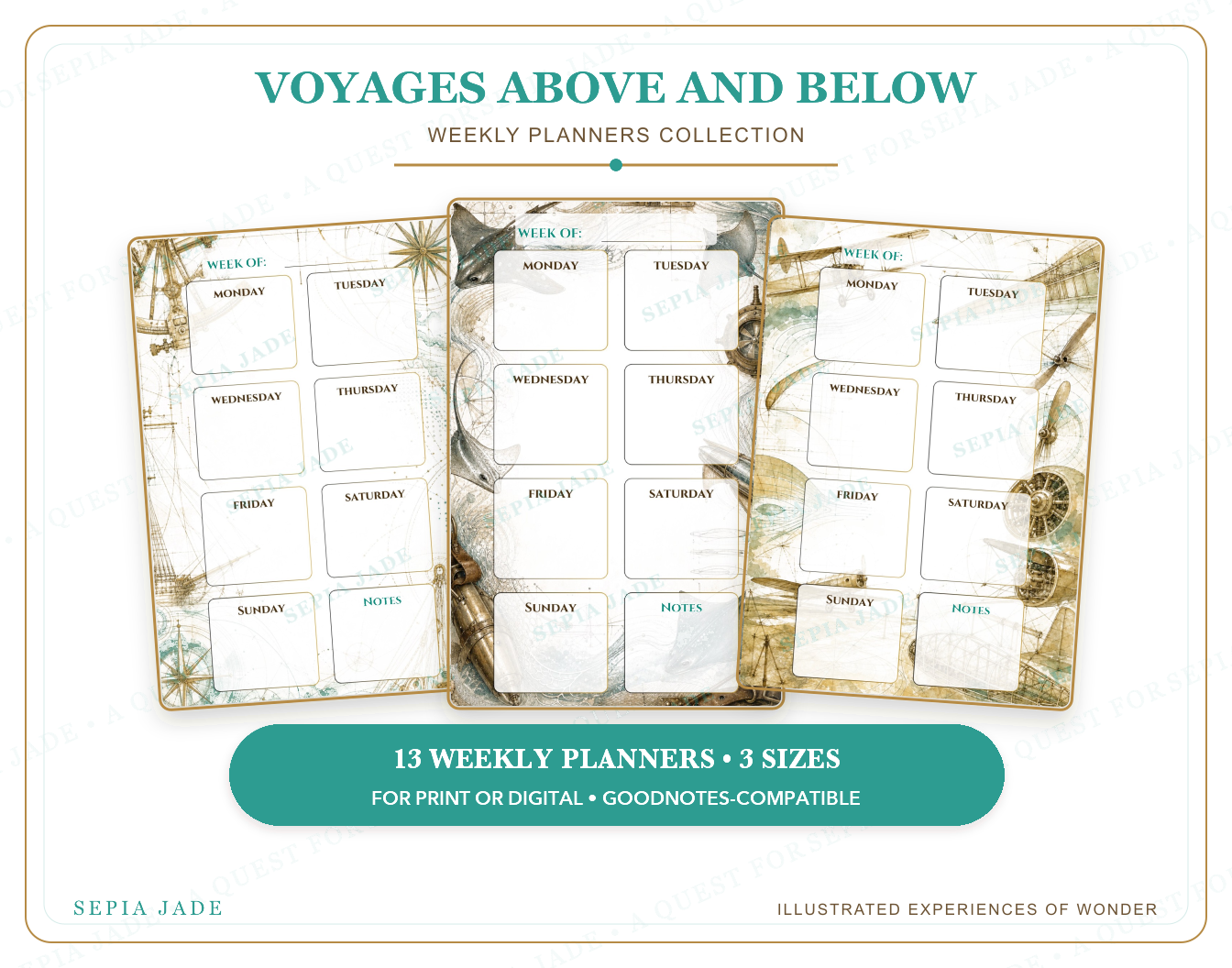 Instant digital download information for Voyages Above and Below Digital Weekly Planner — 13 Designs