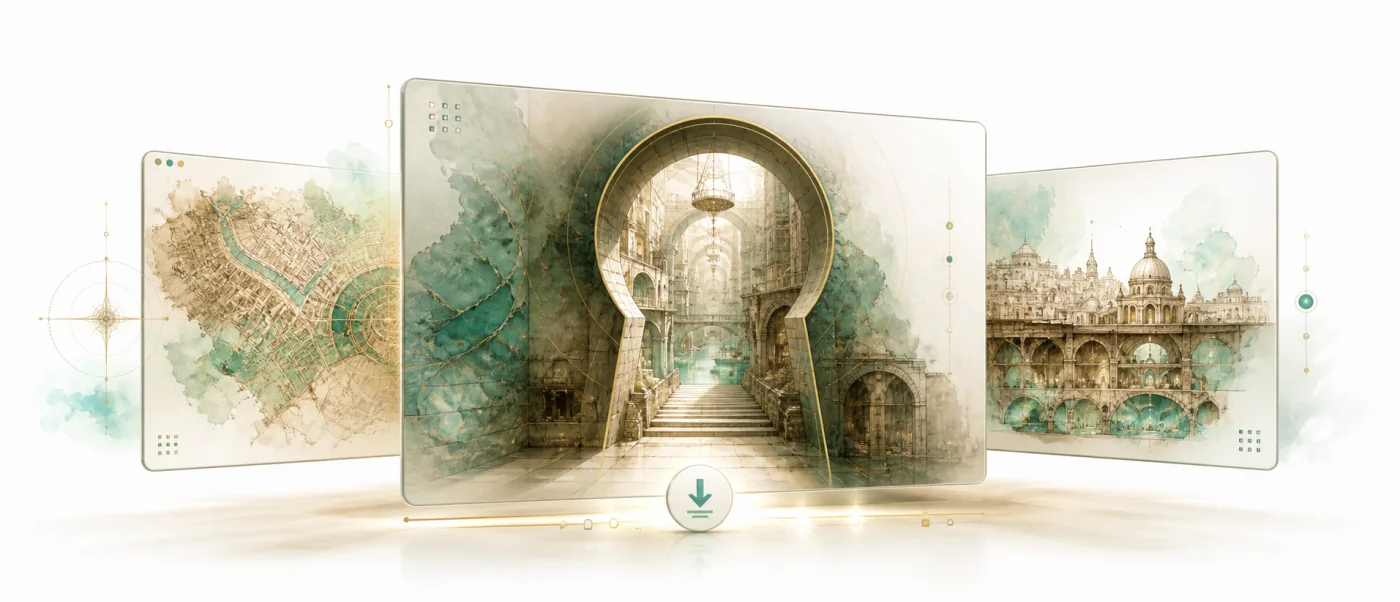 Digital gallery of Sepia Jade maps and architectural illustrations in sepia and jade tones